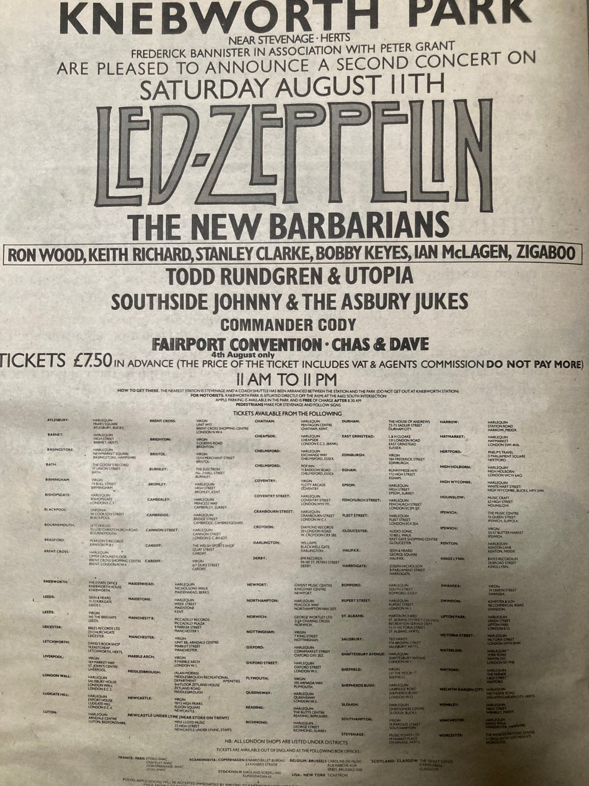 Paginagrote A3 advertentie LED ZEPPELIN Knebworth Park, Cd's en Dvd's, Vinyl | Rock, Ophalen of Verzenden, Zo goed als nieuw