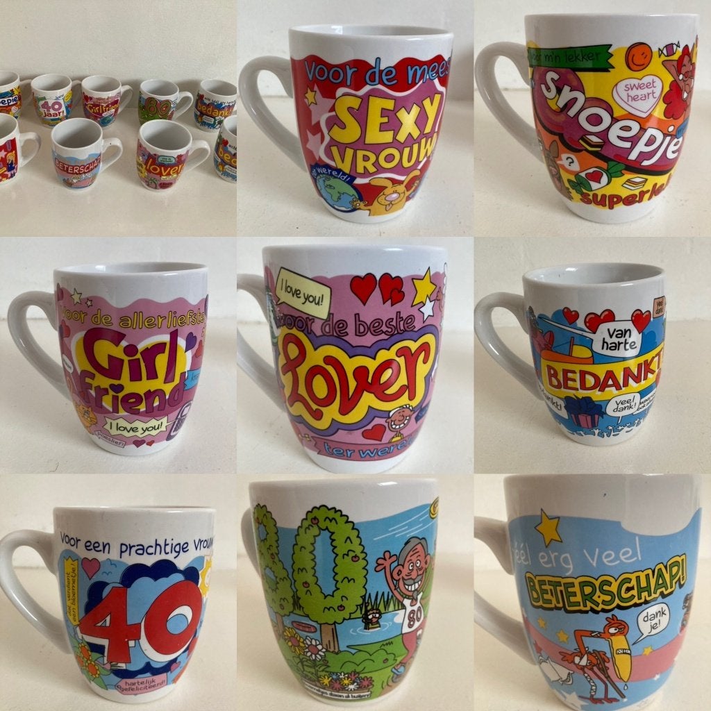 10 feest bekers mokken met tekst strips jubileum verjaardag, Steen, Nieuw, Modern, Mok