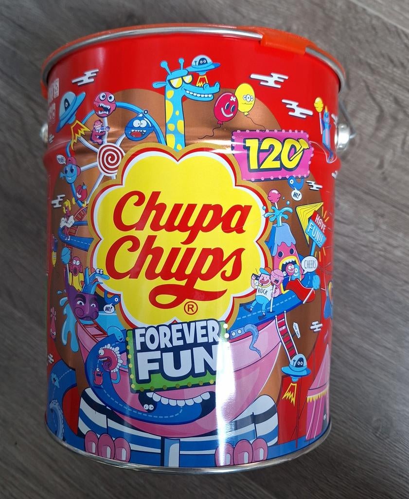 Chupa Chups blik, 20 cm hoog, 18 cm diameter, Verzamelen, Blikken, Ophalen of Verzenden, Gebruikt, Overige, Overige merken