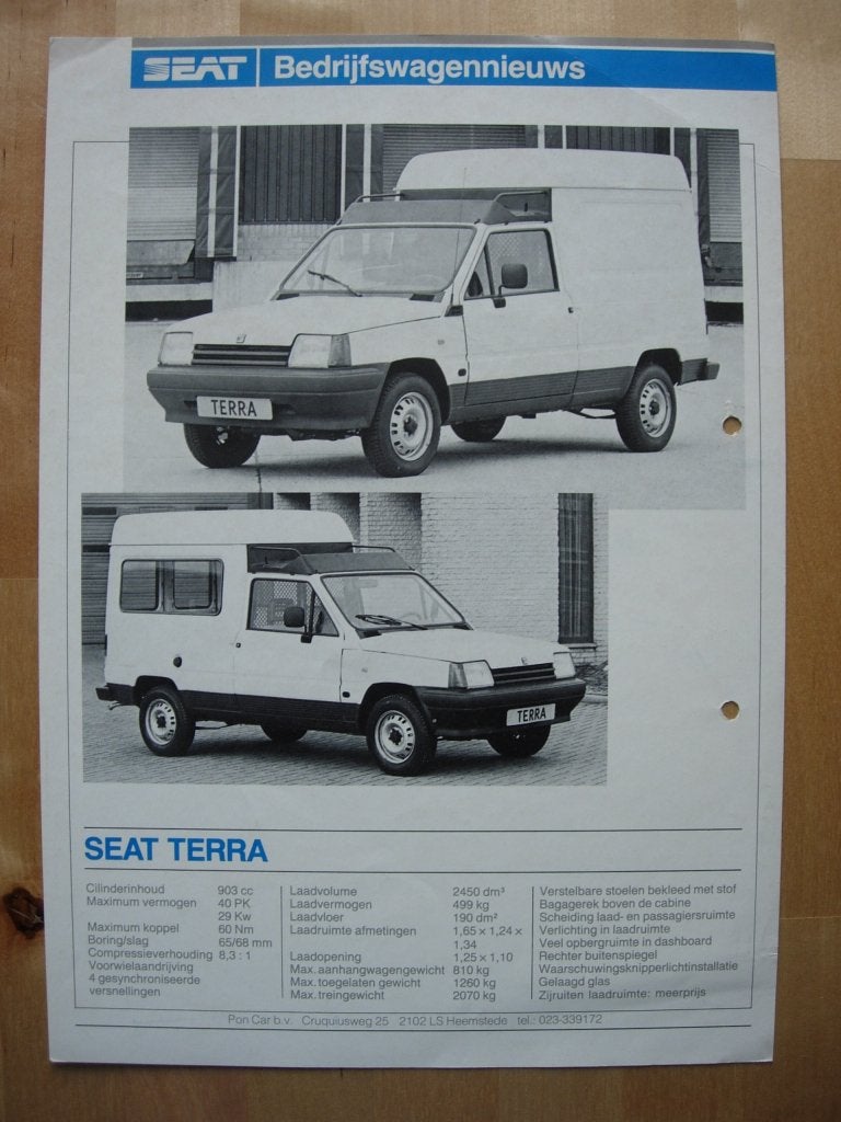 Seat Terra / Ibiza Van / Marbella Van Specificatie 1990, Volkswagen, Ophalen of Verzenden, Zo goed als nieuw, Overige merken