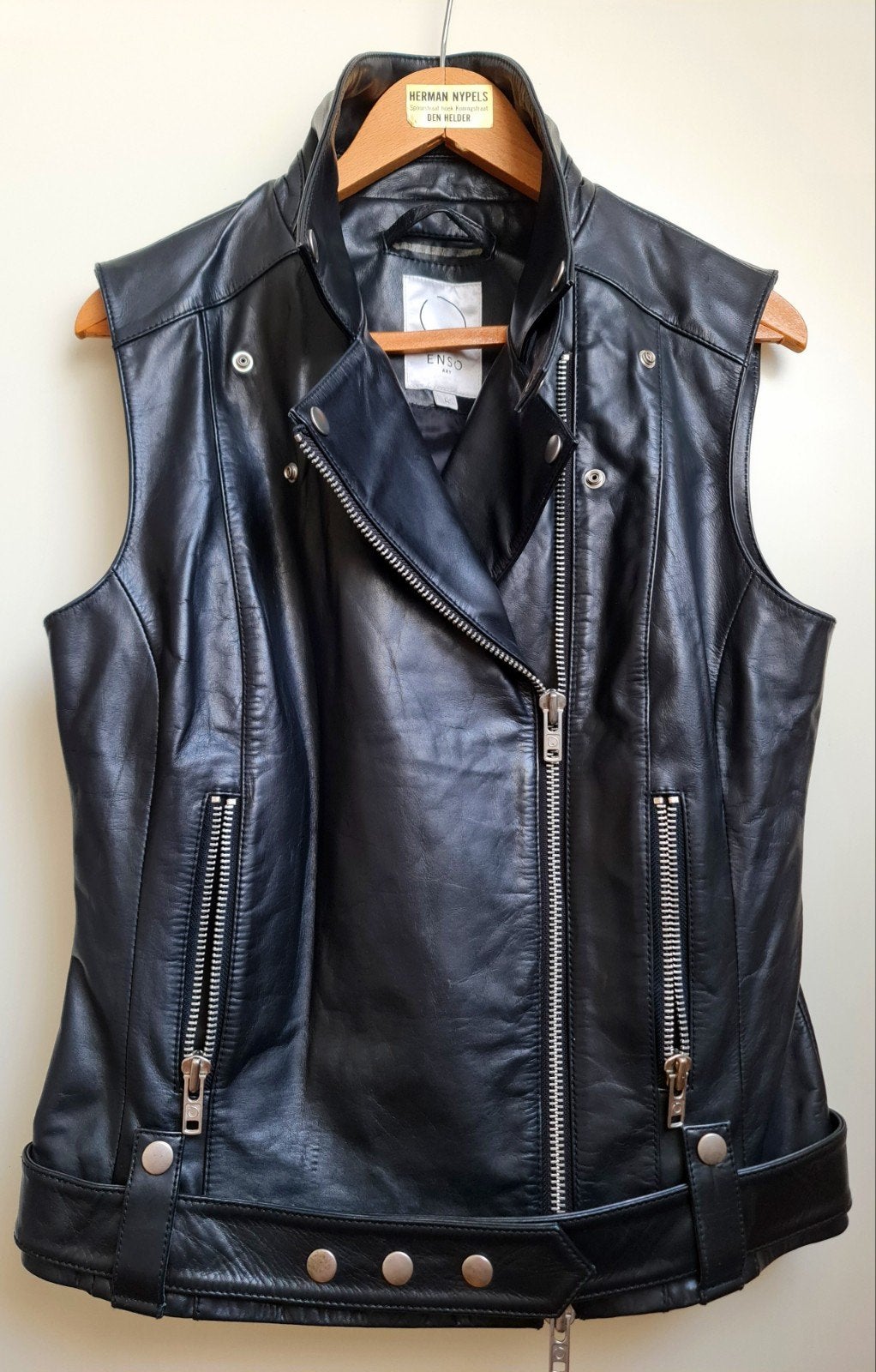 Enso Art design biker gilet vest mooi zwart leer L uniek, Ophalen, Zwart, Maat 42/44 (L), Zo goed als nieuw