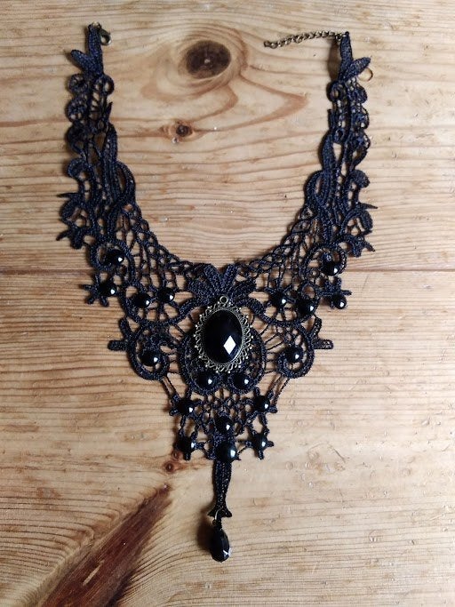 Victoriaans kanten hals sieraad en armband met rozenring, Overige materialen, Verstelbaar, Zwart, Nieuw