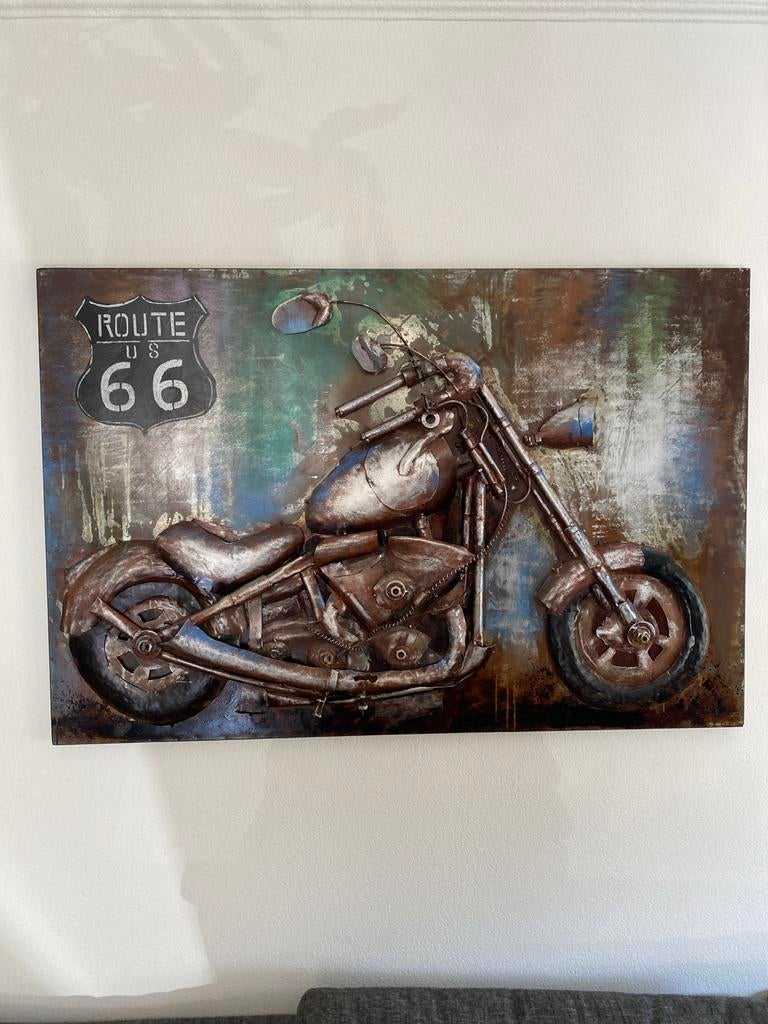 Metalen 3D Wandschilderij Route 66 Motor 120x80 cm, Huis en Inrichting, Woonaccessoires | Wanddecoraties, Ophalen, Metaal, Wandsculptuur