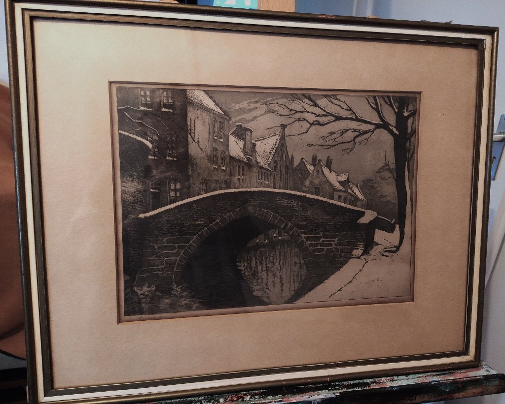 Ets Brugge Pont du Cheval - winter -  A. Moes, Antiek en Kunst, Ingelijst, 25 cm, Stadsgezicht, 35 cm
