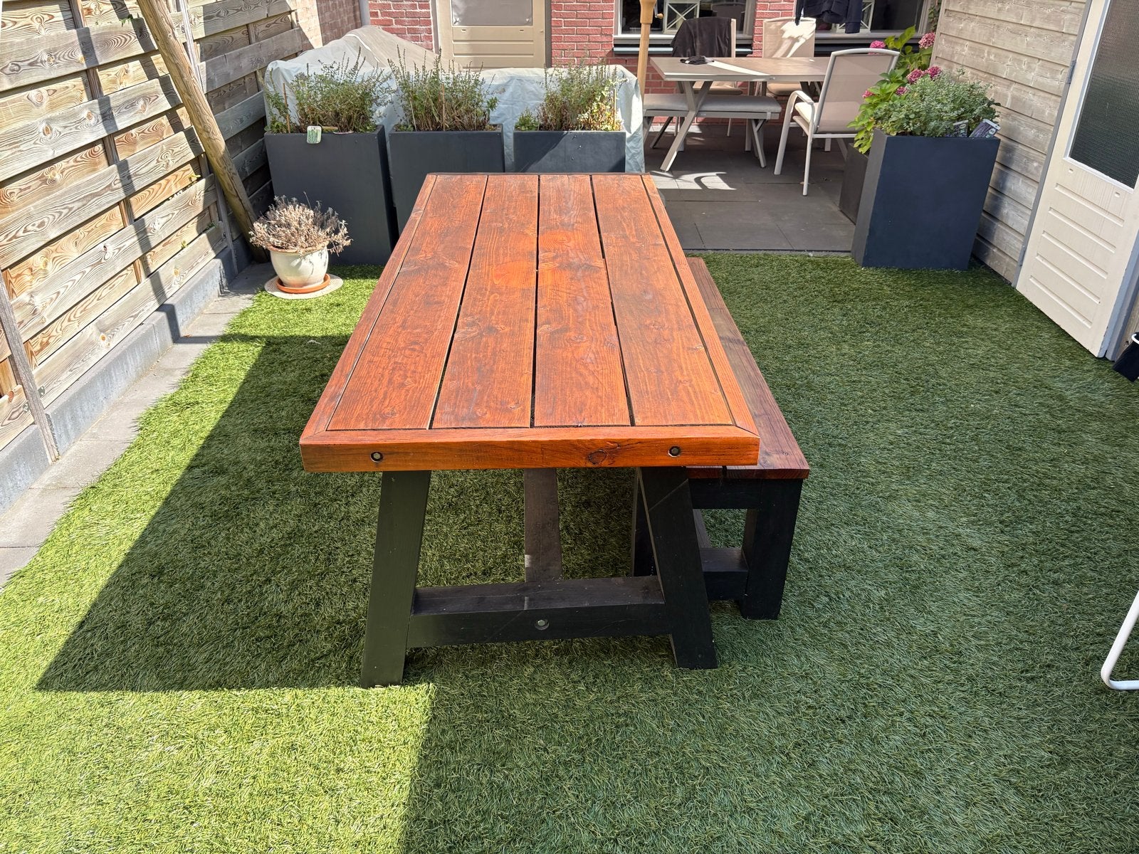 Douglas tuintafel met bank, zelfgemaakt, Ophalen, Gebruikt, Rechthoekig, Hout