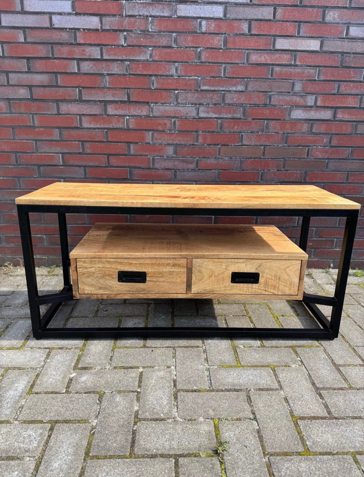 Mangohouten Salontafel, Ophalen, 100 tot 150 cm, Zo goed als nieuw, Metaal