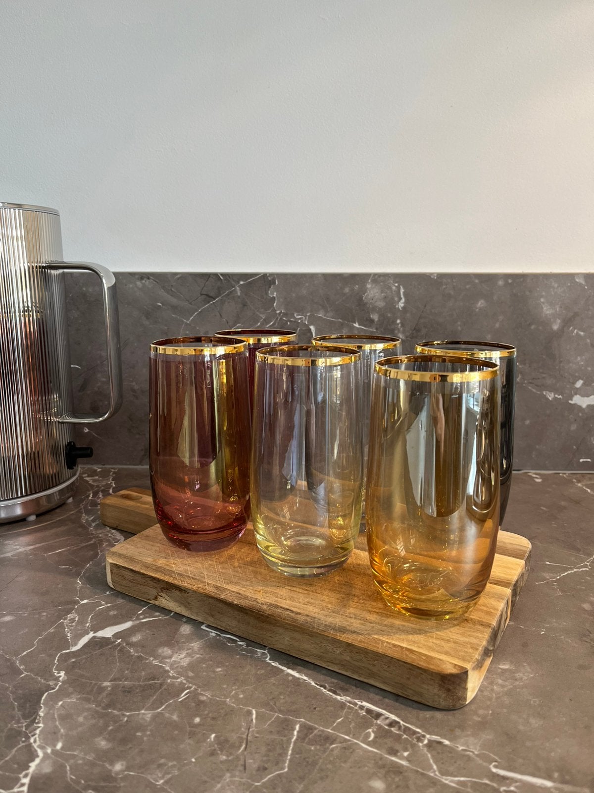 6 longdrink drinkglazen roze, blauw, groen met gouden rand, Ophalen, Glas of Glazen, Vintage, Nieuw
