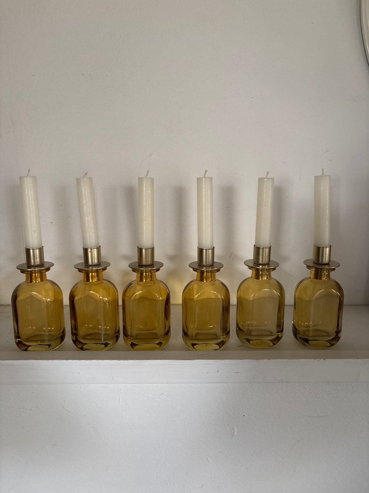 Set van 6 amberkleurige glazen kandelaars, Ophalen, Bruin, Overige merken, Kandelaar