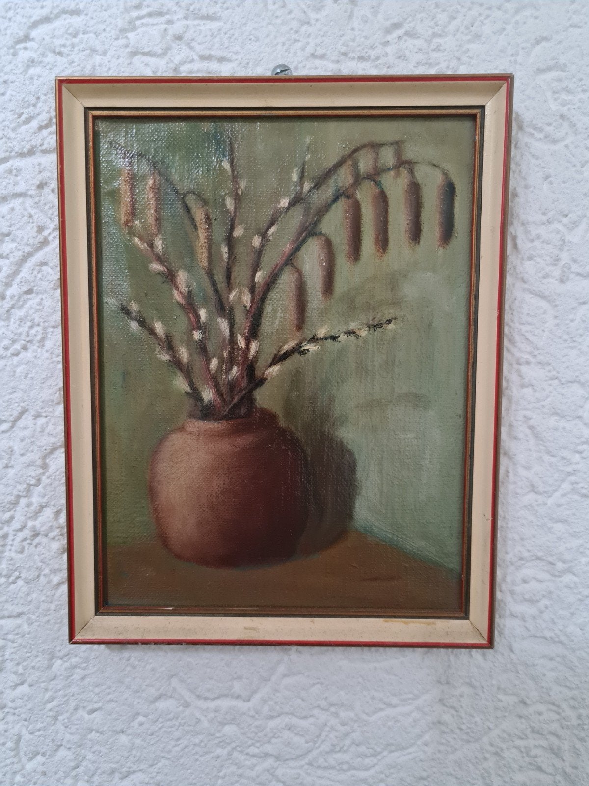 Schilderij met wilgenkatjes en elzenproppen, olieverf, Paneel, Realistisch, Stilleven, Ophalen of Verzenden