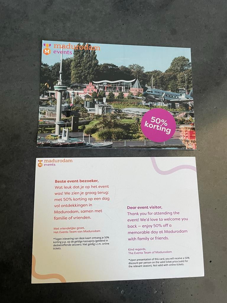 Te koop 2 stuks 50% kortingskaarten Madurodam, Tickets en Kaartjes, Twee personen, Kortingskaart