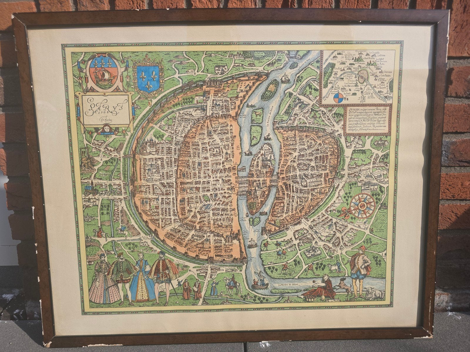 Antieke lithografie of Gravure van Parijs 1564 in lijst, Ophalen of Verzenden, Kaarten en plattegronden, Lithografie