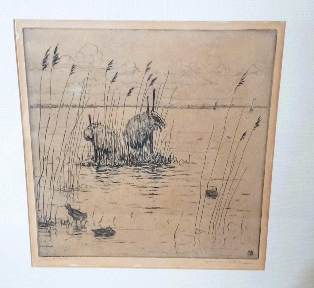 Ets van waterlandschap met riet en vogels van Johan Hemkes, 25 cm, Ets, Flora en Fauna, Ingelijst