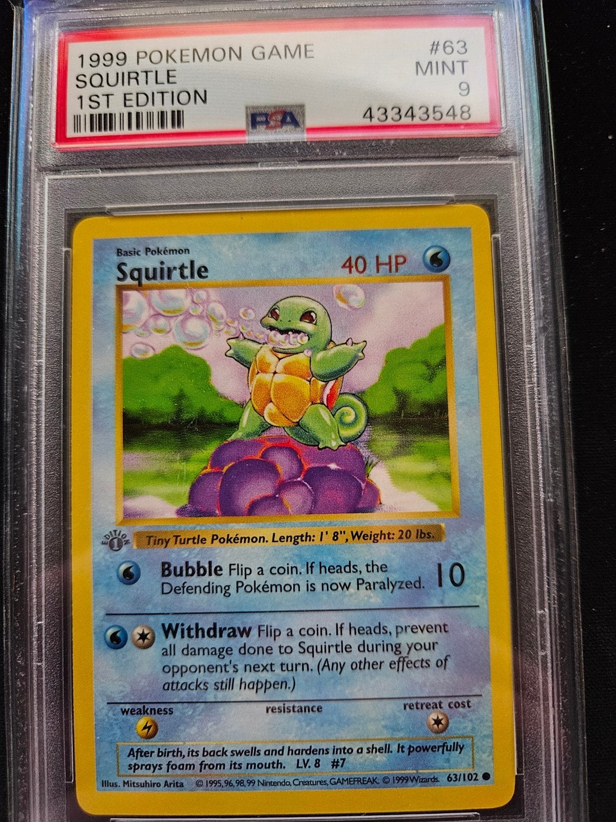 Squirtle 1st Edition Base Set PSA 9 MINT #63, Ophalen of Verzenden, Zo goed als nieuw, Losse kaart