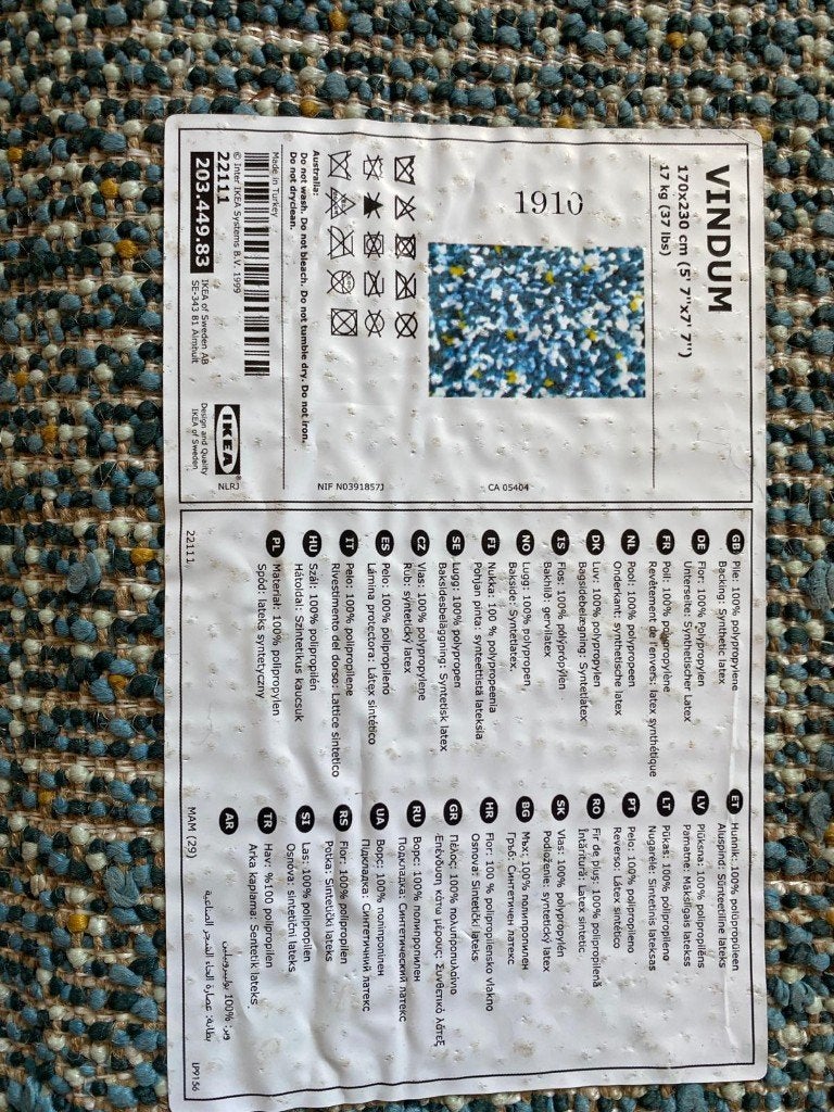 Ikea Vindum vloerkleed (170x230, blauw/groen/geel), Ophalen, Gebruikt, Groen, 150 tot 200 cm