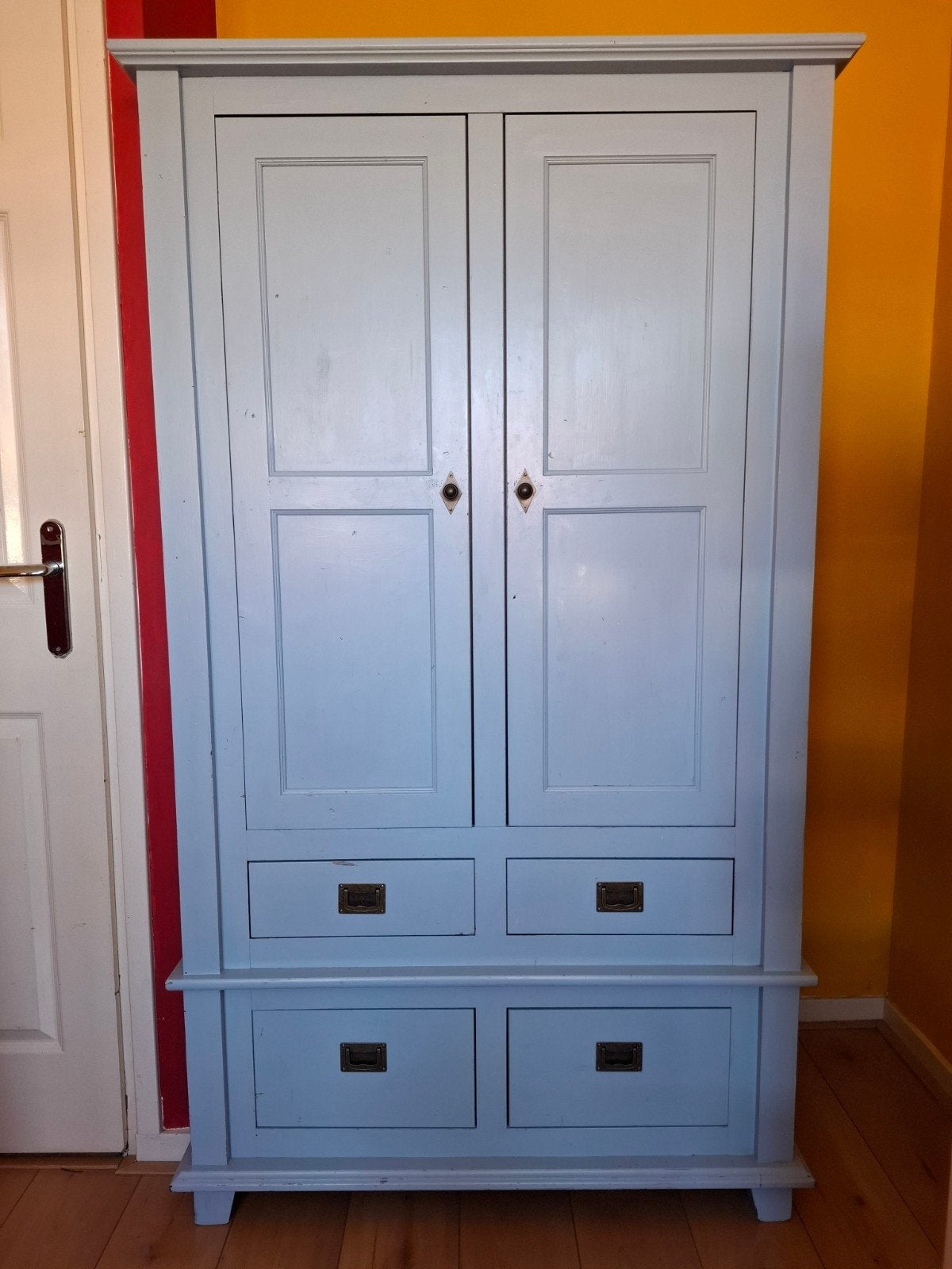 Blauwe kledingkast met lades en planken, Gebruikt, 100 tot 150 cm, Ophalen of Verzenden, 150 tot 200 cm