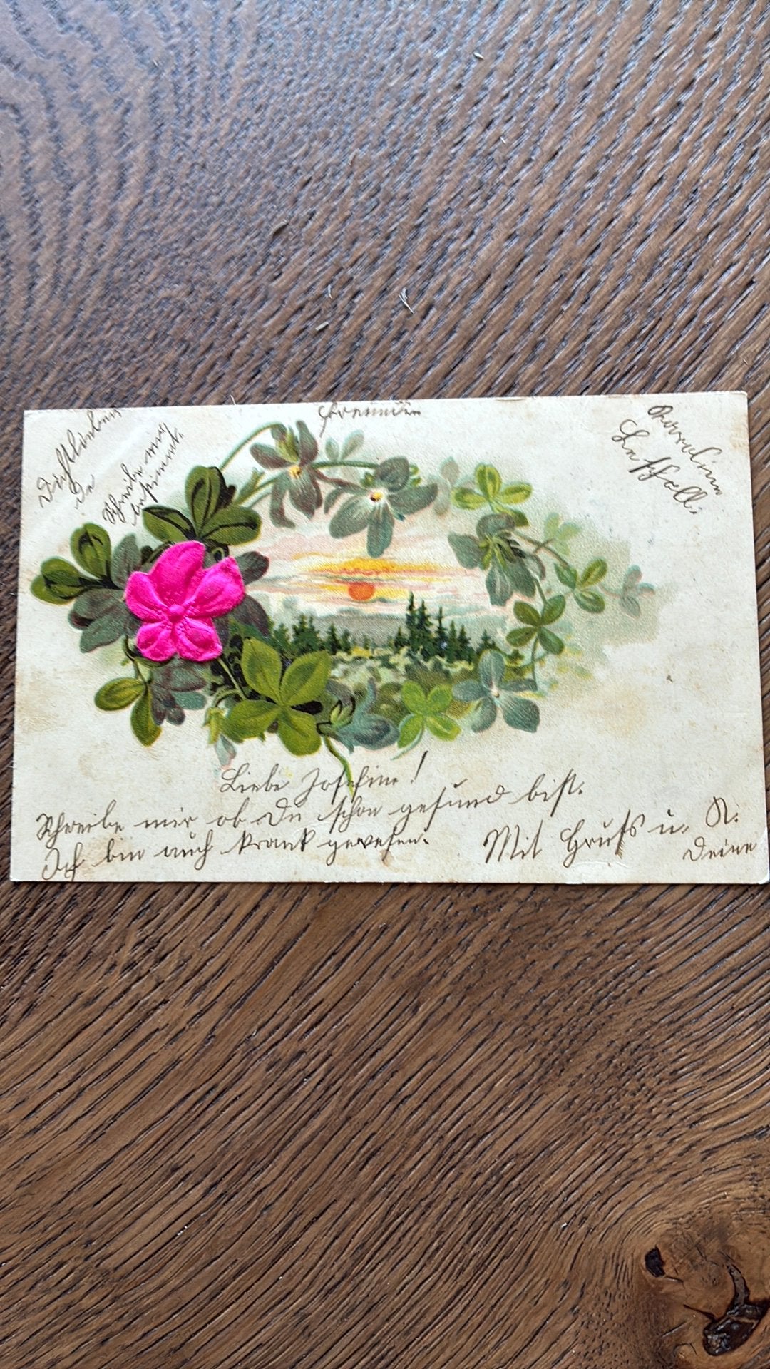Landelijk. Ondergaande zon, klaver 4, satijnen roos.1900, Ophalen of Verzenden, Voor 1920, Overige thema's