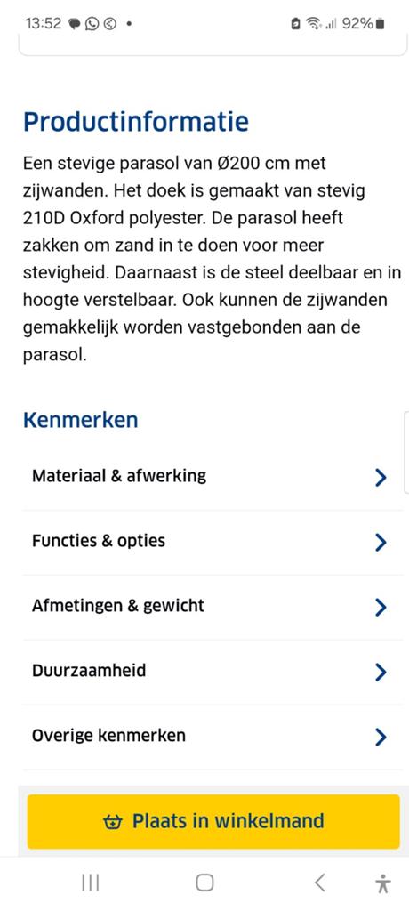 Strandparasol - Lichtgewicht en Compact, Ophalen of Verzenden, Zo goed als nieuw, 1 tot 2 meter, Strandparasol