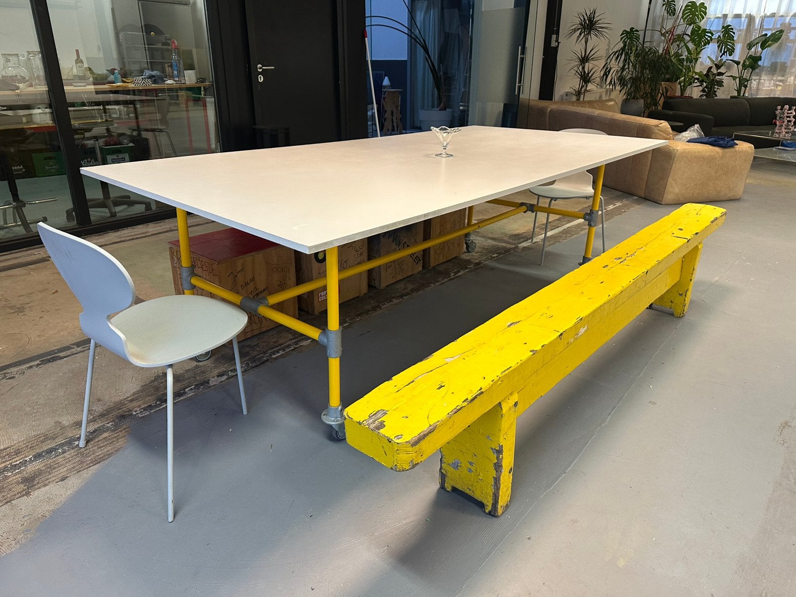 Custom-built industrial worktable / dining table., Ophalen, Zo goed als nieuw, Rechthoekig, 50 tot 100 cm