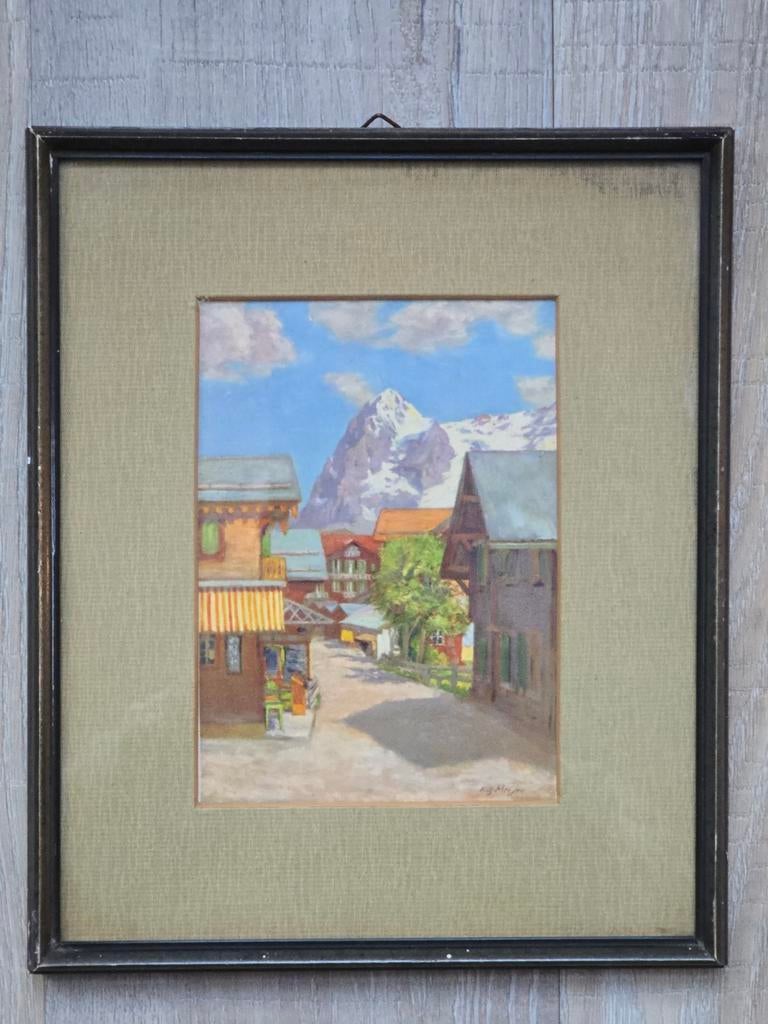 Schilderij in lijst Fritz Meijer (1900-1969) dorpje in Zwits, Antiek en Kunst, Kunst | Schilderijen | Klassiek, Ophalen of Verzenden