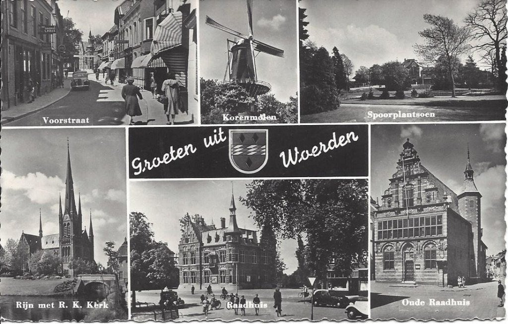 Woerden (Utr.) Groeten uit, oa Molen, Voorstraat, gel. 1958, Ophalen of Verzenden, 1940 tot 1960, Gelopen, Utrecht
