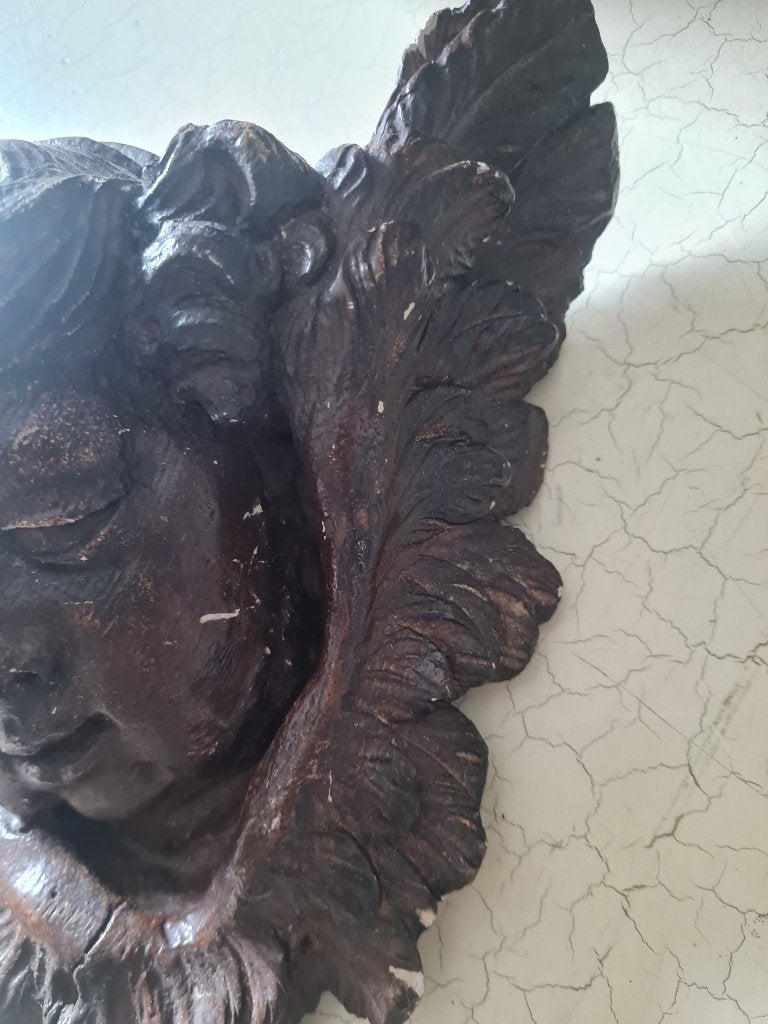 Vintage gipsen engelen hoofd, hout look, Heikant 21 Kaatsheuvel, 25 cm, Belle Vieille Brocante, Decoratieobject