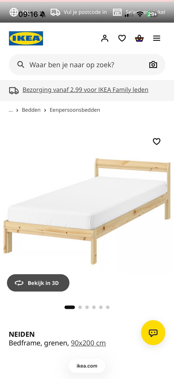 Ikea Bed Neiden - Ongebruikt - 200 x 90 + lattenbodem, Ophalen, 90 cm, Eenpersoons, Wit
