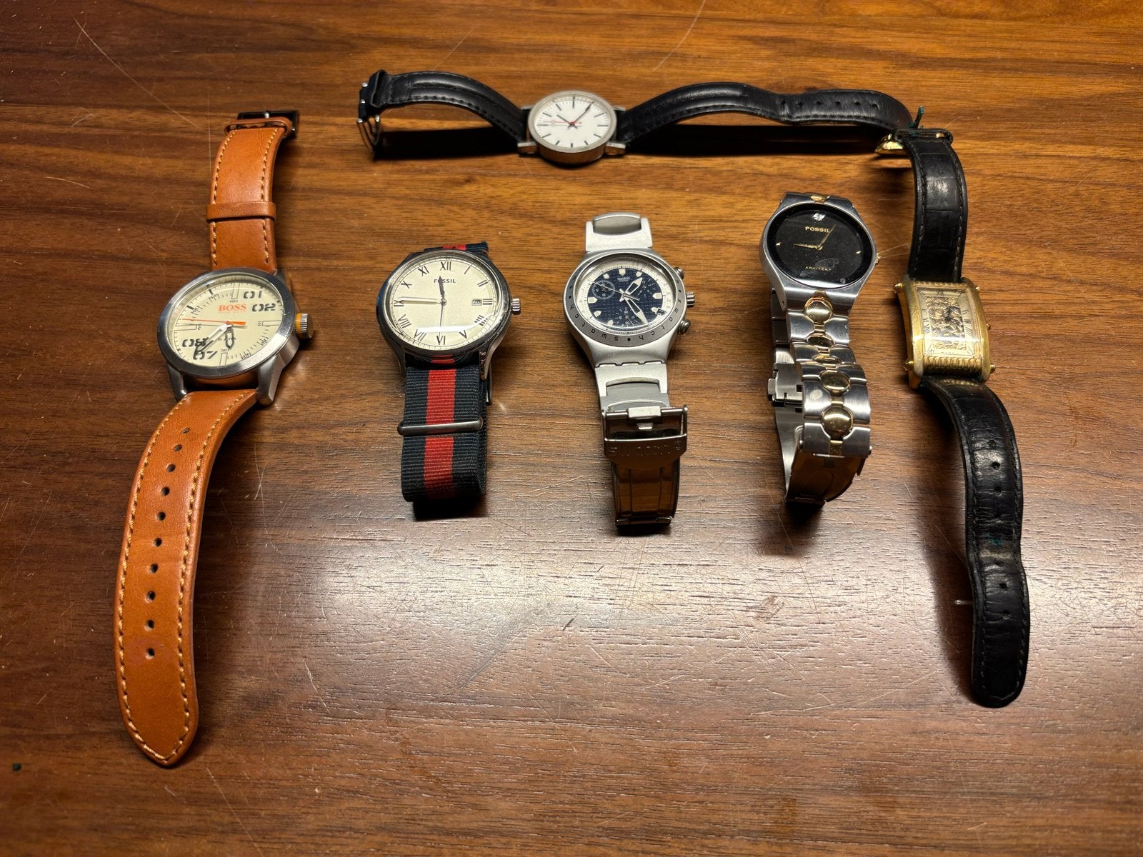 Partij van 6 horloges – Fossil, Swatch Irony & Hugo Boss, Overige merken, Staal, Polshorloge, Ophalen of Verzenden