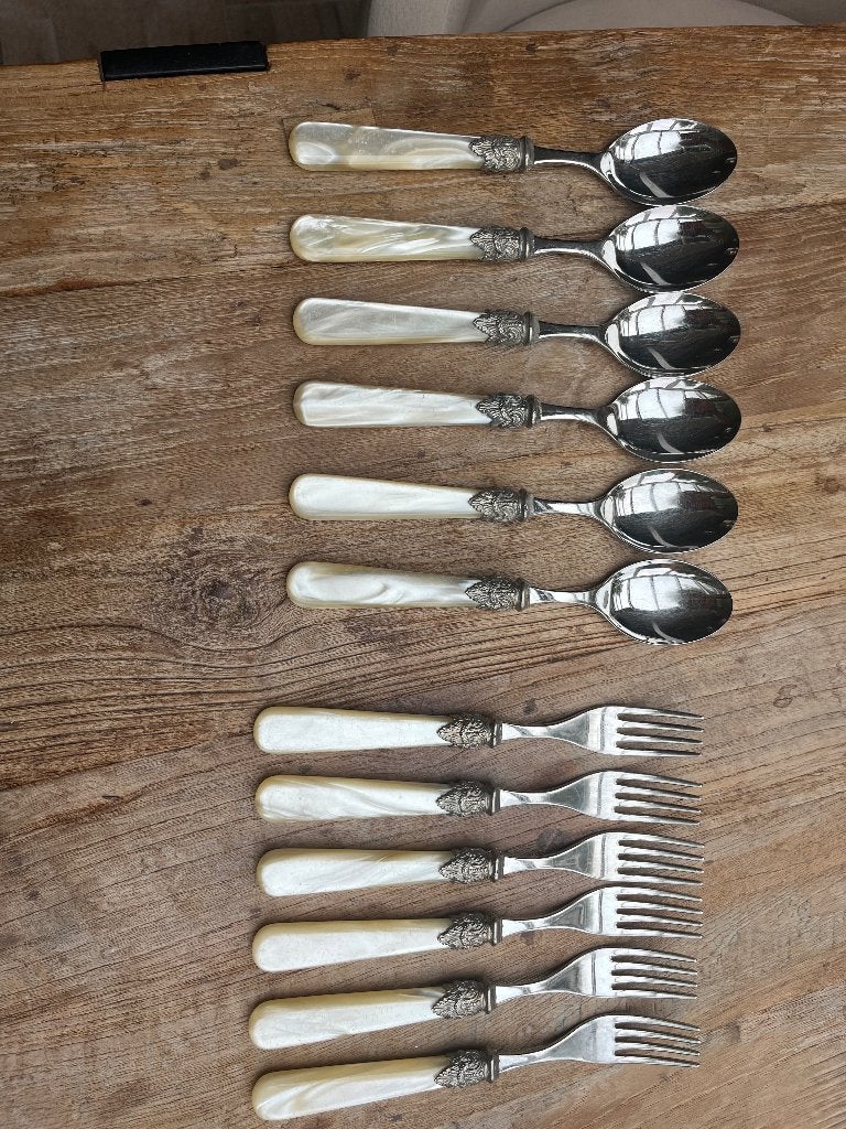 Antiek Bestekset met Parelmoer Handvatten - 12 Stuks, Ophalen of Verzenden