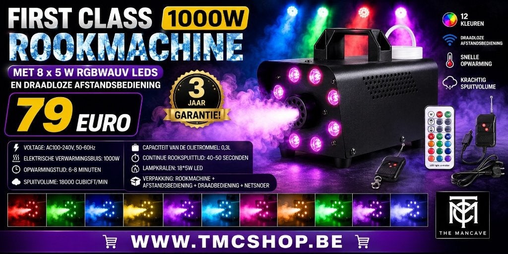 Nieuwe First Class 1000W Rookmachine met 8 x 5 W RGBWAUV, Ophalen of Verzenden, Nieuw, Licht, Geluidgestuurd