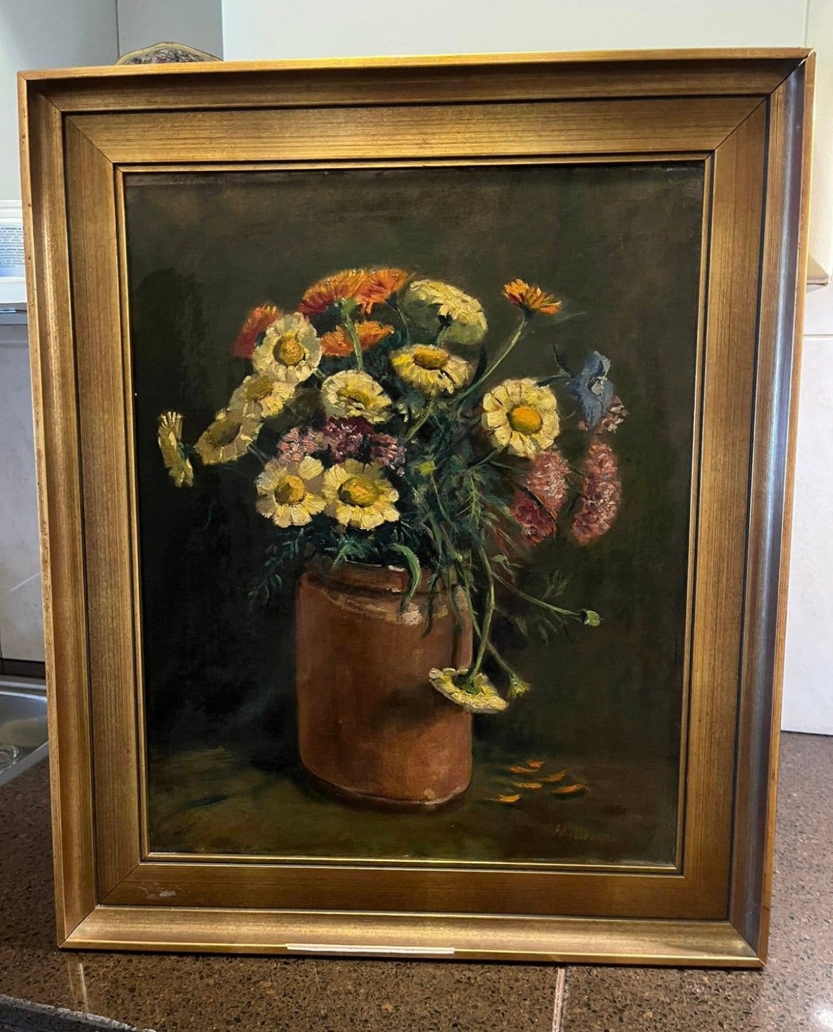 Antiek olieverf bloemen stilleven schilderij, Ophalen