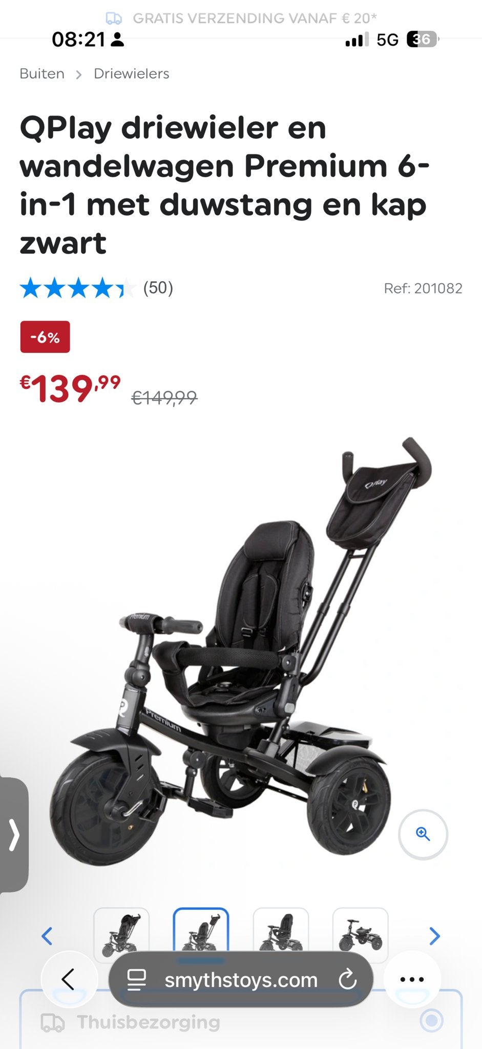 QPlay driewieler en wandelwagen Premium 6-in-1 zwart, Ophalen of Verzenden, Nieuw, Duwstang