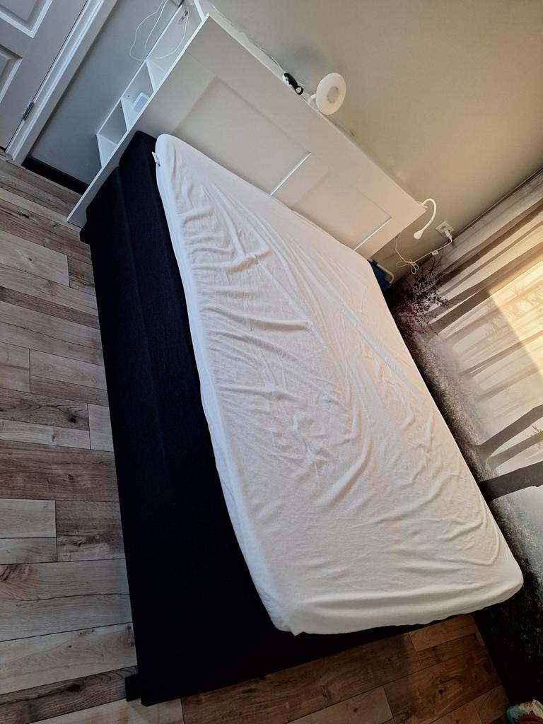 Gratis af te halen: Mio Dormio tweepersoonsbed met IKEA BRIM, Huis en Inrichting, Slaapkamer | Bedden, Ophalen, Gebruikt, Wit