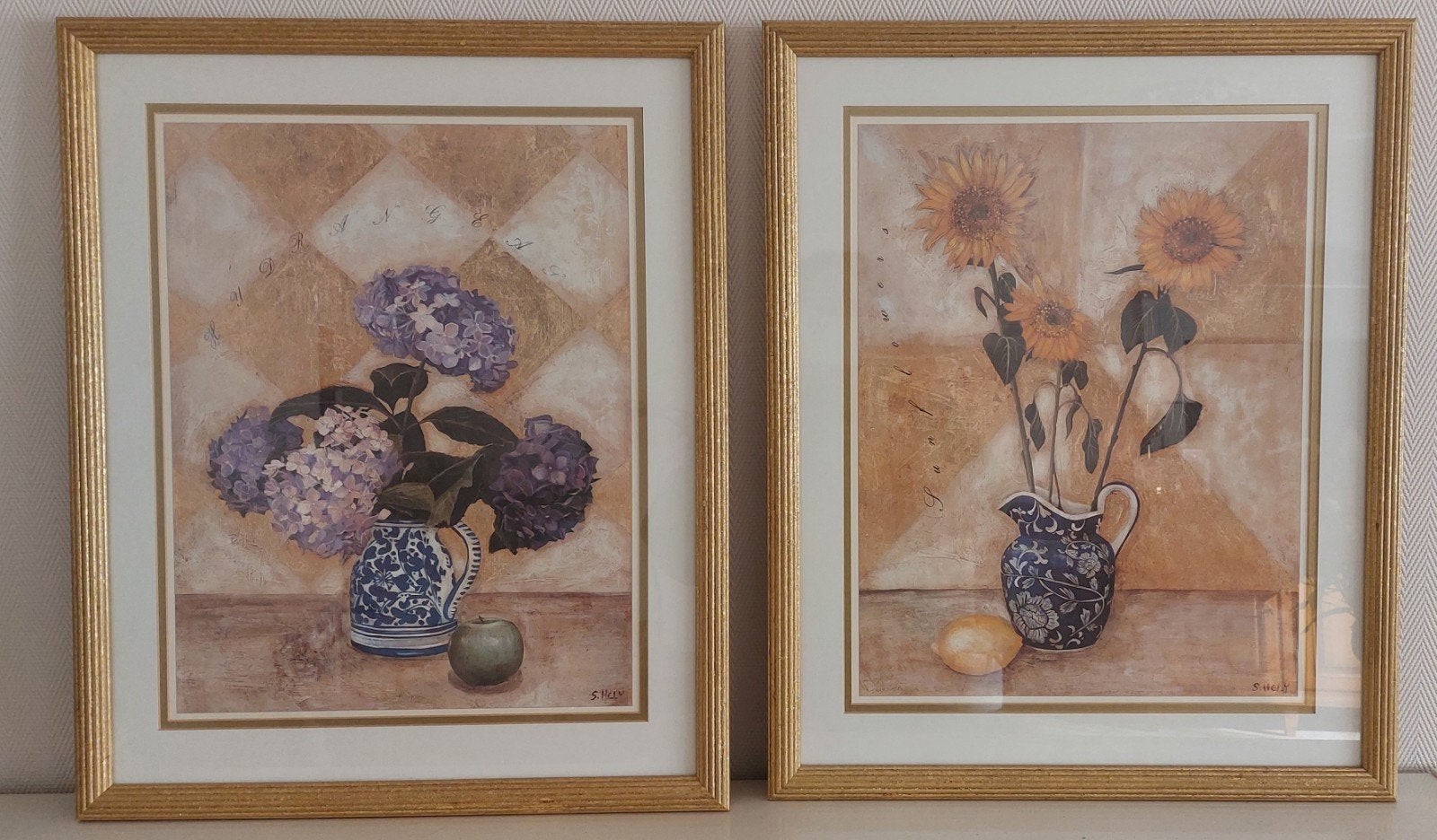 Set van 2 ingelijste bloemenprints - Hortensia & Zonnebloem, Huis en Inrichting, Ophalen, 50 – 75, Oorspronkelijke maker, 50 tot 75 cm