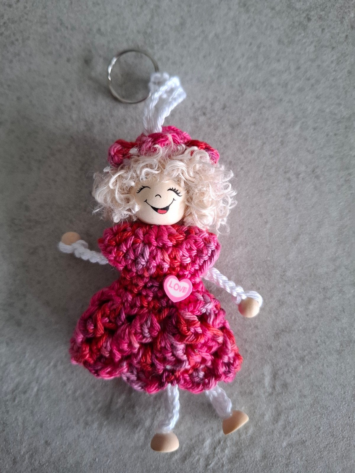 Gelukspoppetje Sleutelhanger - Roze Hartje - Handgemaakt, Ophalen of Verzenden