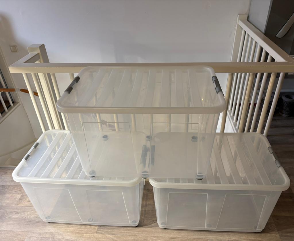 3x Transparante opbergbakken met wieltjes 76 x 48,5 x 50 cm, Ophalen, Gebruikt