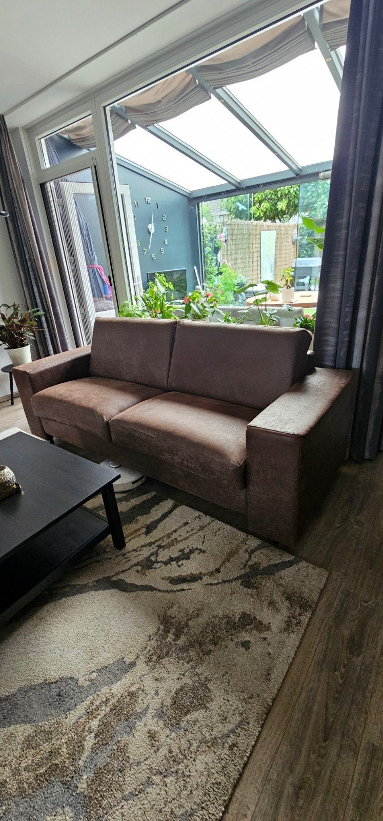 3-zits bank (bruin, leer/suede look), Ophalen, Gebruikt, Leer