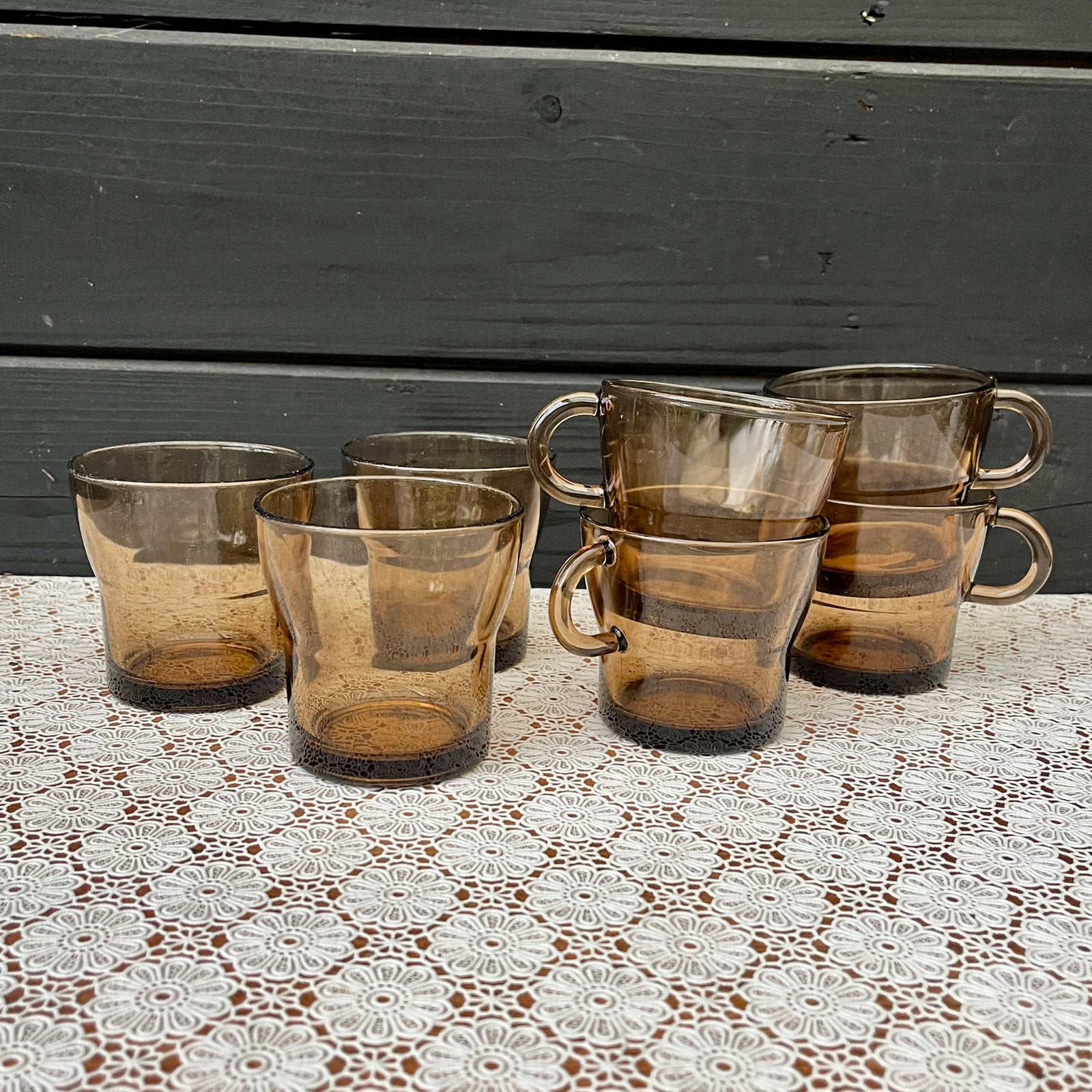 Set vintage Duralex glazen bruin, Glas of Glazen, Ophalen of Verzenden, Overige stijlen, Glas