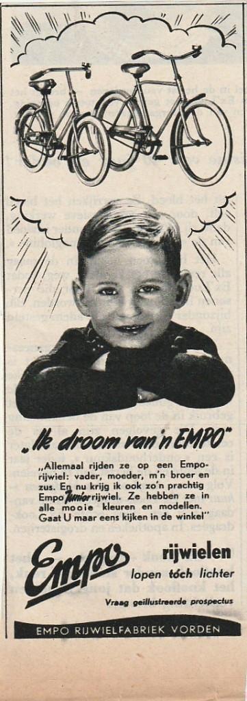 Retro reclame 1954 Empo Vorden fiets jongetje droomt ervan, Verzenden, Overige typen