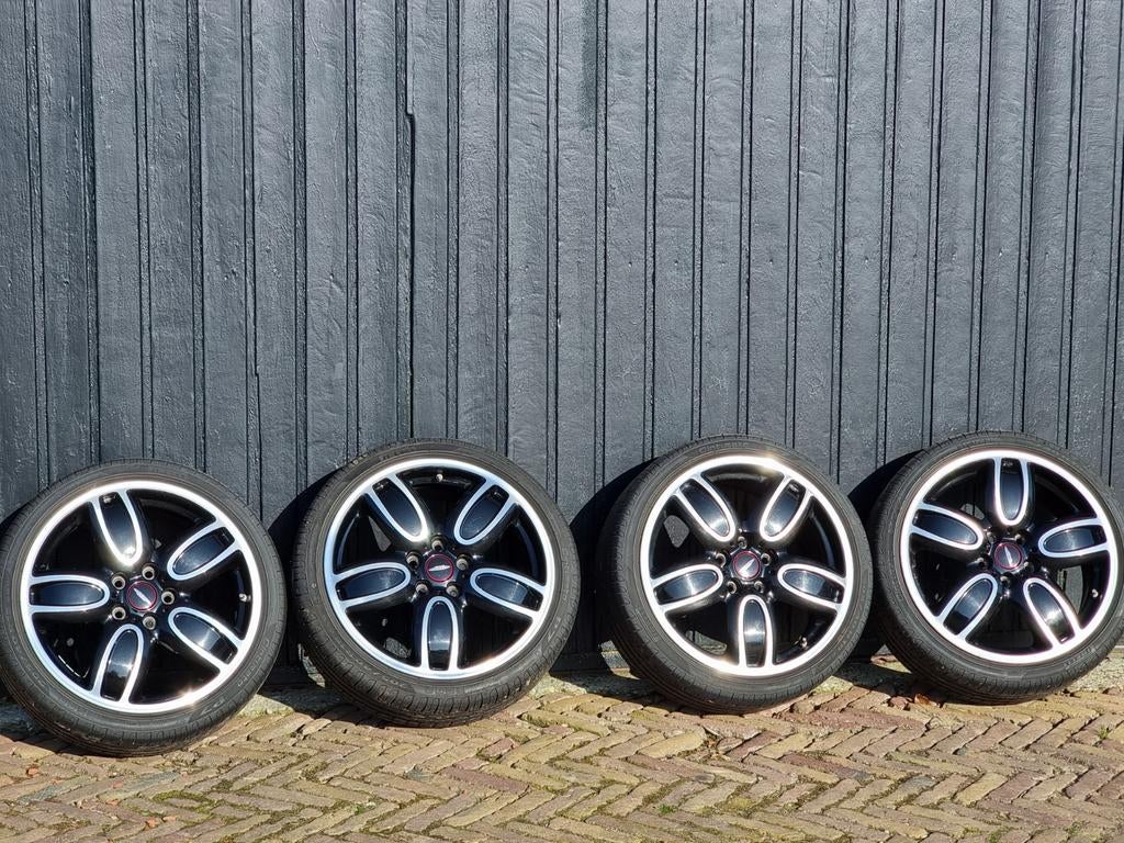 Mini Cooper JCW 18 inch Cup Spoke 2-tone velgen + banden, Ophalen, 18 inch, Gebruikt, Banden en Velgen