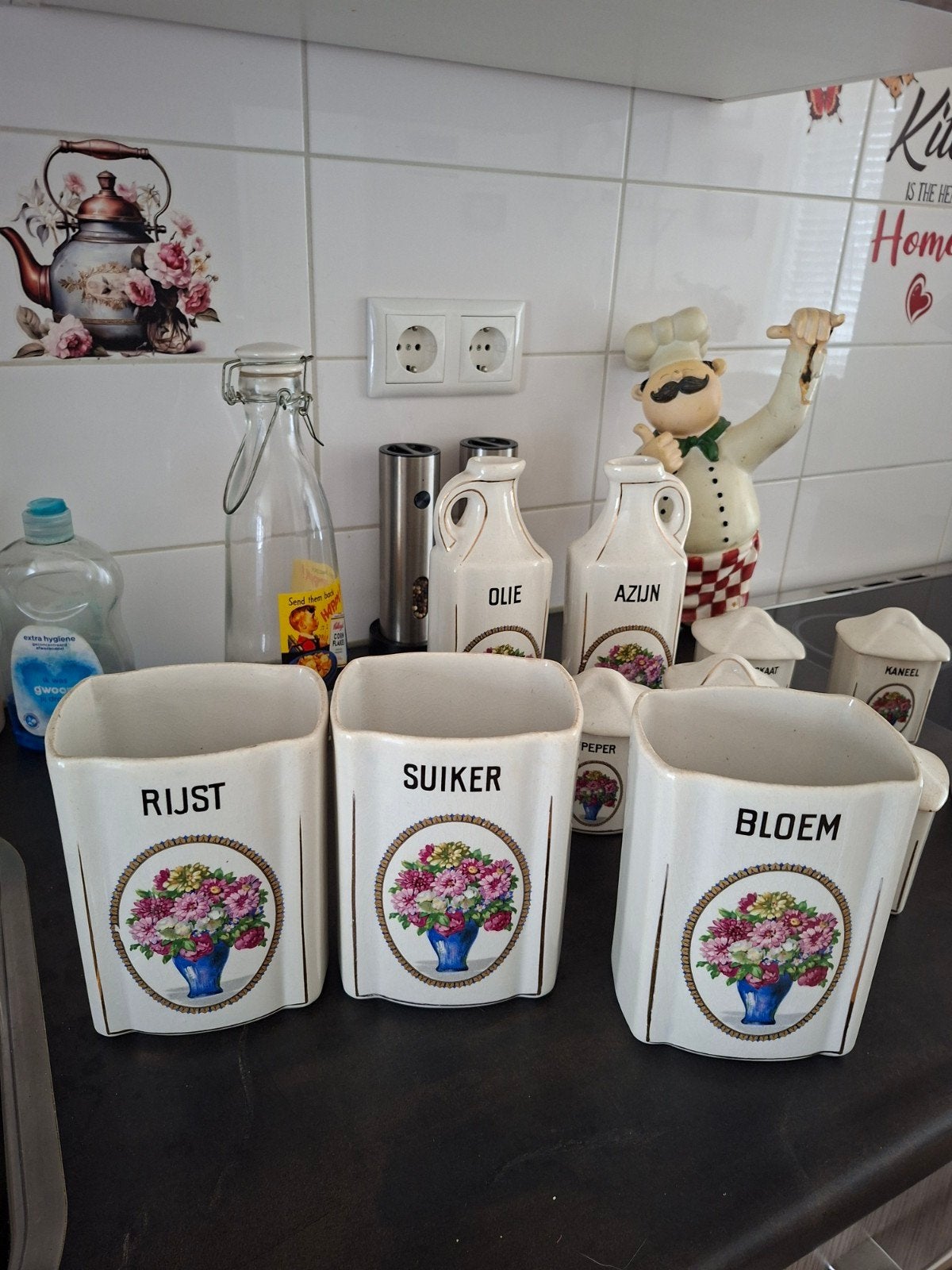 Vintage voorraadpotten en olie/azijn kannen set, Gebruikt, Ophalen of Verzenden, Voorraadpot, Steen/keramiek