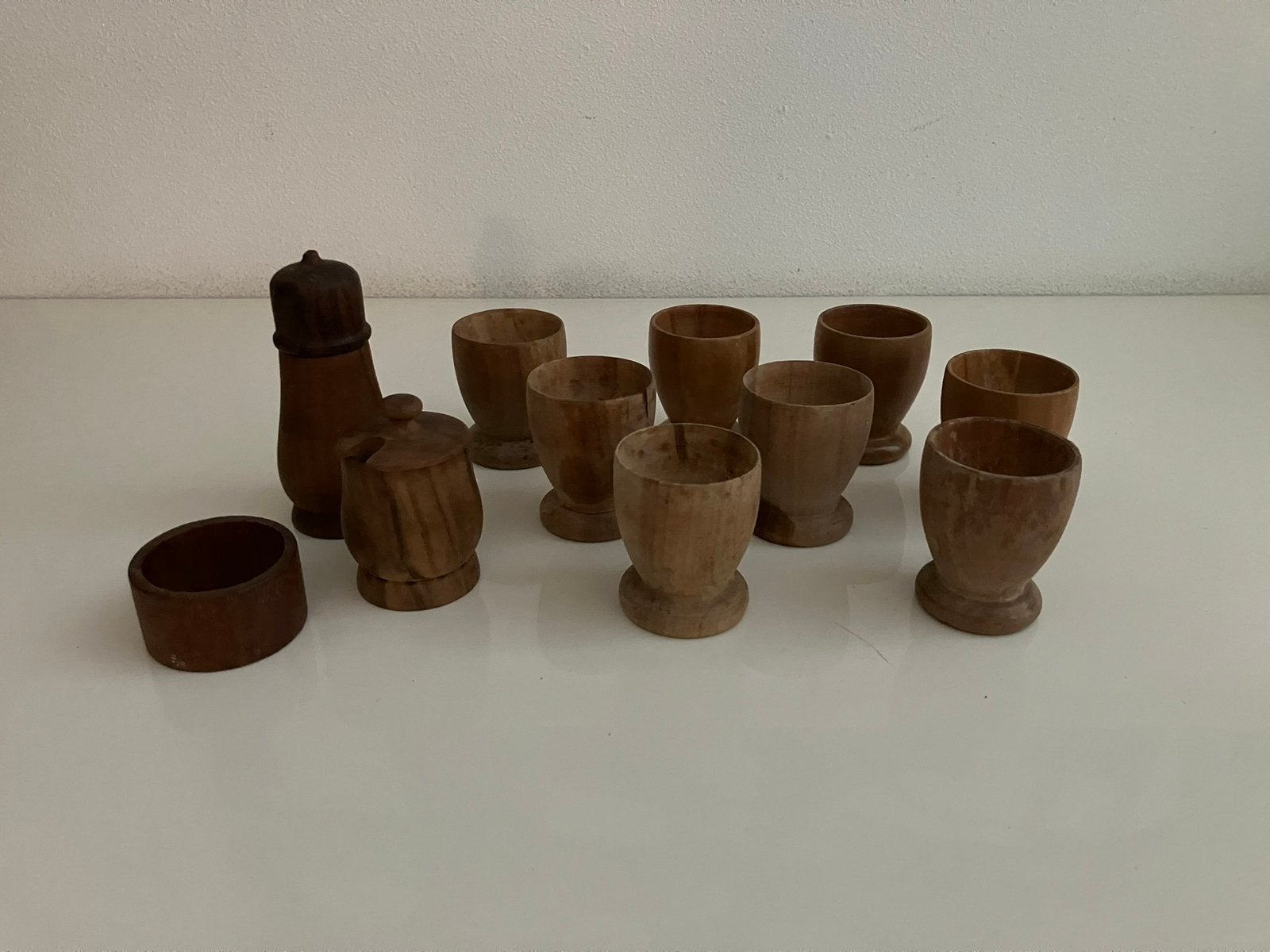 Vintage hout handmade eierdopje mosterd potje peperstrooier, Ophalen of Verzenden, Gebruikt
