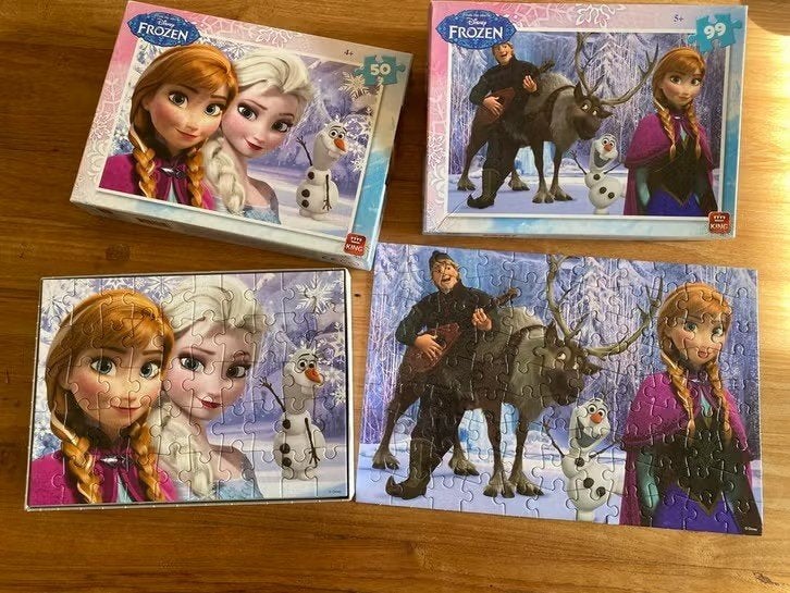 2 Disney Frozen puzzels - 50 en 99 stukjes, Ophalen of Verzenden, Meer dan 50 stukjes, Gebruikt, 4 tot 6 jaar