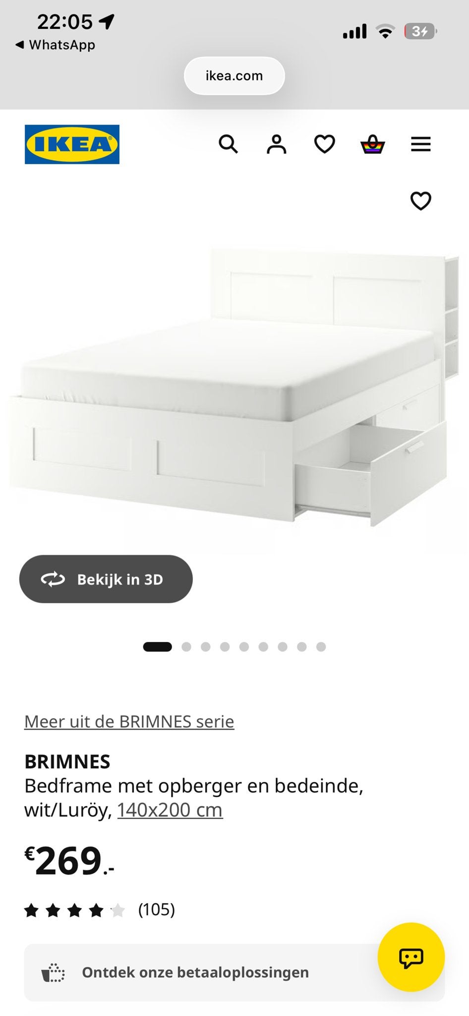 IKEA BRIMNES Bedframe met opberger, wit, 140x200 cm, Huis en Inrichting, Slaapkamer | Bedden, Ophalen, Gebruikt, Wit, Tweepersoons