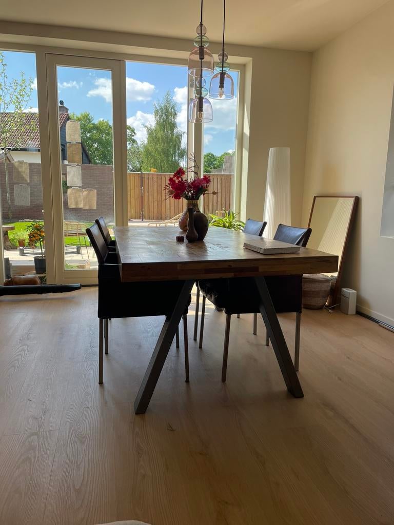 Eettafel sloophout met 6 lederen stoelen, Ophalen, Zo goed als nieuw