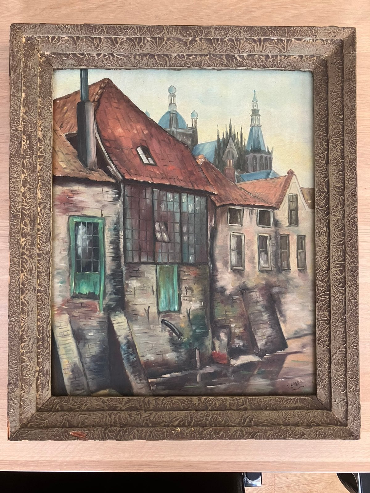 Schilderij olieverf, stadsgezicht vermoedelijk Den Bosch, Ophalen of Verzenden