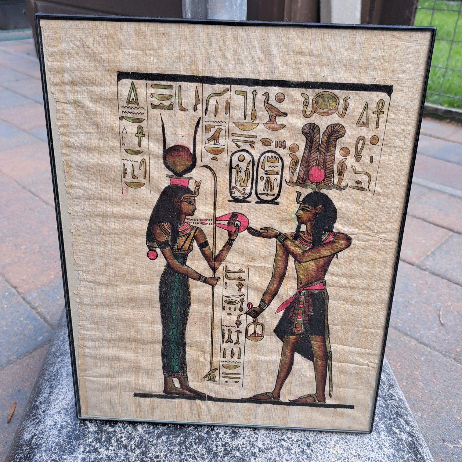 Ingelijste Egyptische papyrus schildering, Antiek en Kunst, Kunst | Niet-Westerse kunst, Schilderij, Ophalen of Verzenden, Meerkleurig