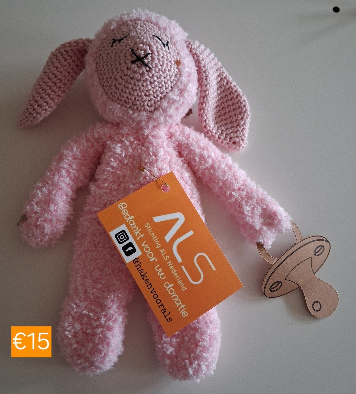 Roze gehaakte knuffel fopspeen houder konijn - Steun ALS, Overige merken, Overige karakters, Konijn, Ophalen of Verzenden