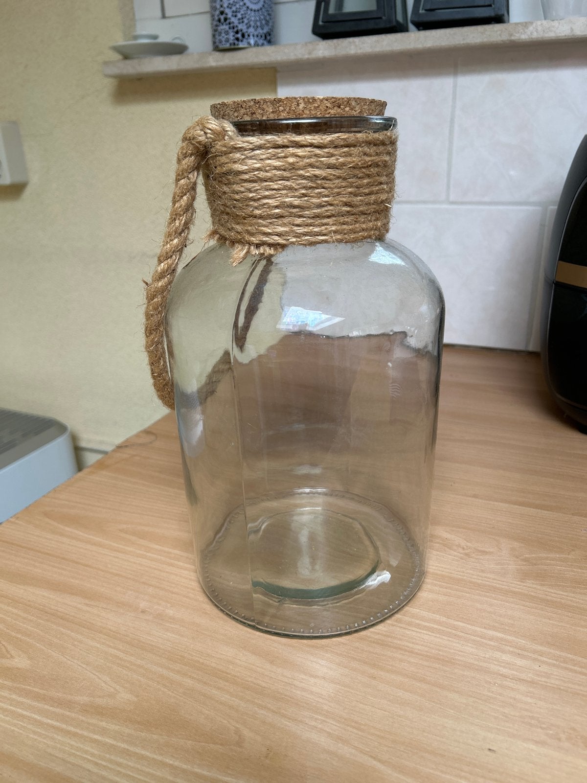 Glazen pot met kurken dop en touw decoratie, Ophalen, Gebruikt, Transparant, Met deksel