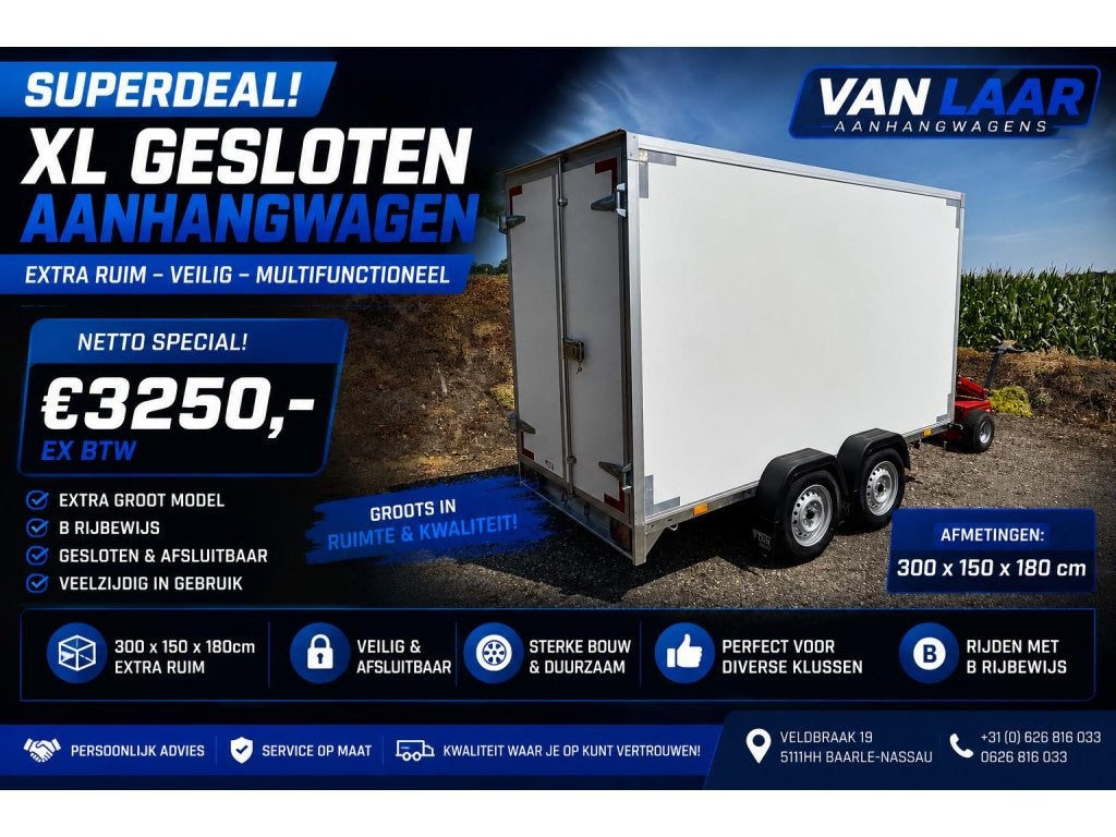 NIEUW XL gesloten aanhangwagen B rijbewijs Zero EmissieZone