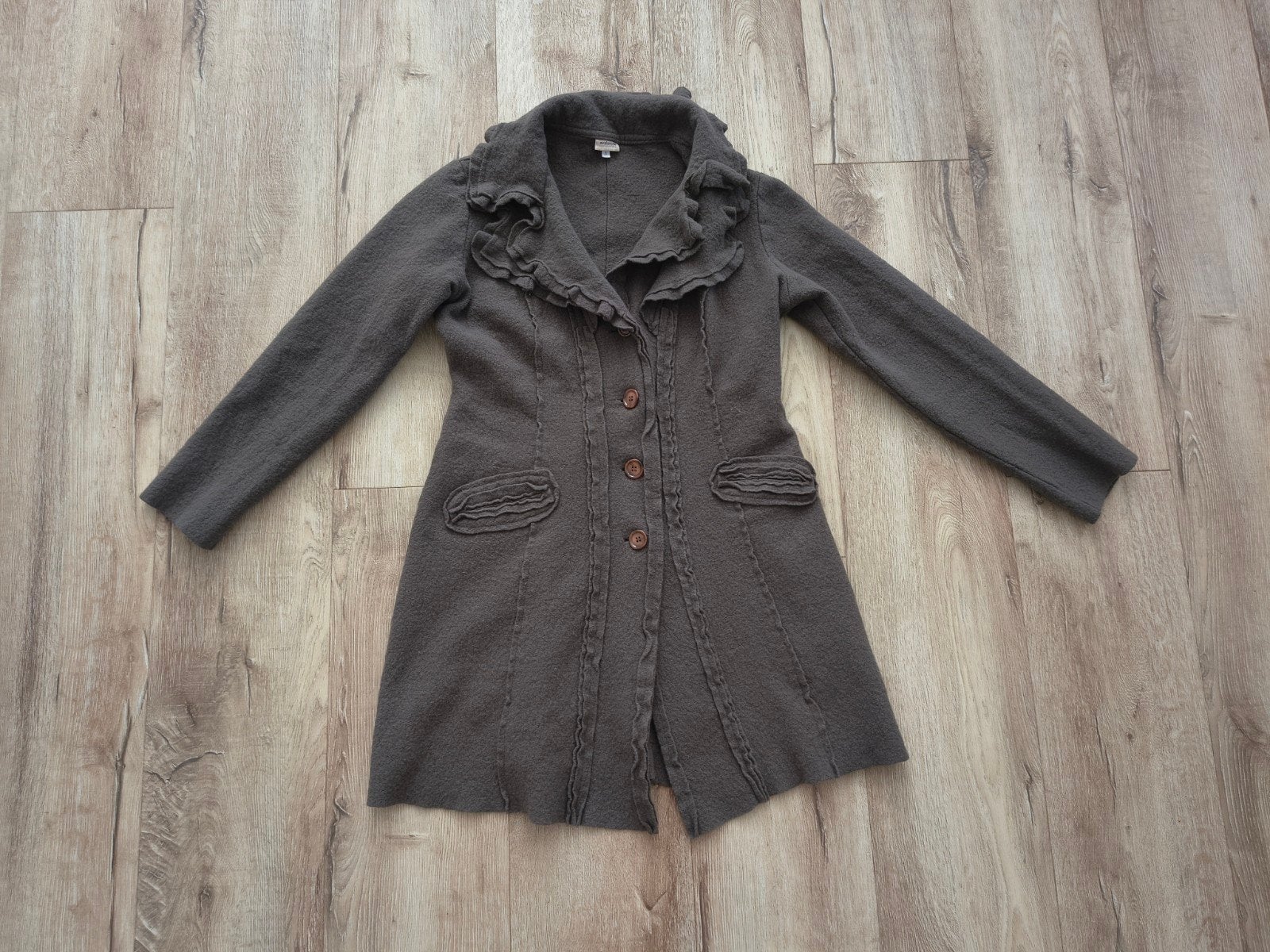 Prachtige, lange bruin grijze jas, wollen vest met knopen 38, Kleding | Dames, Maat 38/40 (M), Bruin, Onb, Ophalen of Verzenden